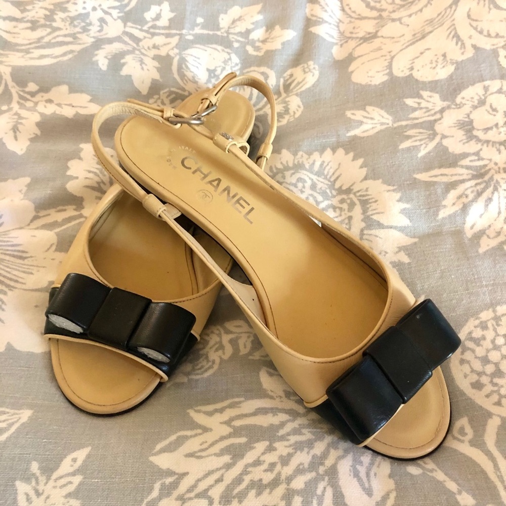 Chanel Lambskin Open Toe Sling back Flats w Bow